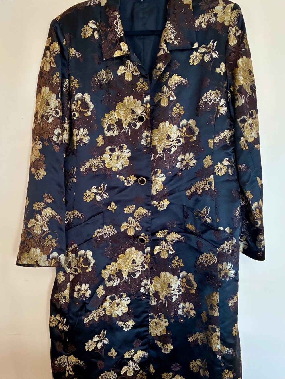 Newport News Easy Style Black and Gold Floral Long Coat Size 18